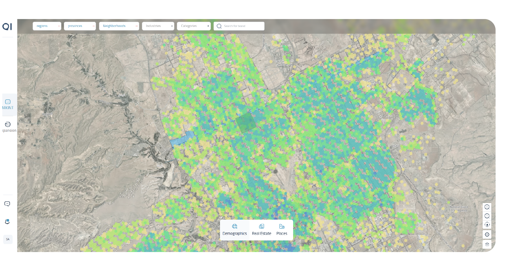 Quant Brings Satellite Imagery to Life 2@4x A QI map using satellite data to show population density distribution in a neighborhood, supporting urban planning, smart cities, and environmental monitoring in line with Saudi Vision 2030